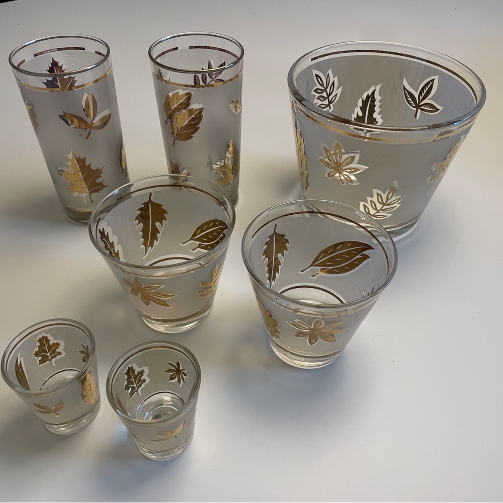 Vintage Libbey Golden Foliage Glassware Set MCM Gold Leaf Ice Bucket 7pc - Picture 4 of 11